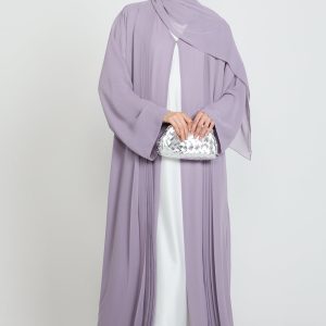 Luxury Chiffon Open Abaya with Pleated Detailing - Royal Lilac