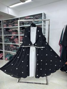 Star Embroidery Open Abaya – Black and White Combo