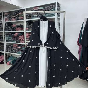 Star Embroidery Open Abaya – Black and White Combo